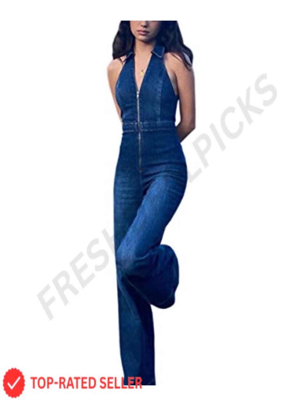 Denim Jumpsuit for Women Sexy Slim Fit Zipper Sleeveless V-Neck High Waist Jean